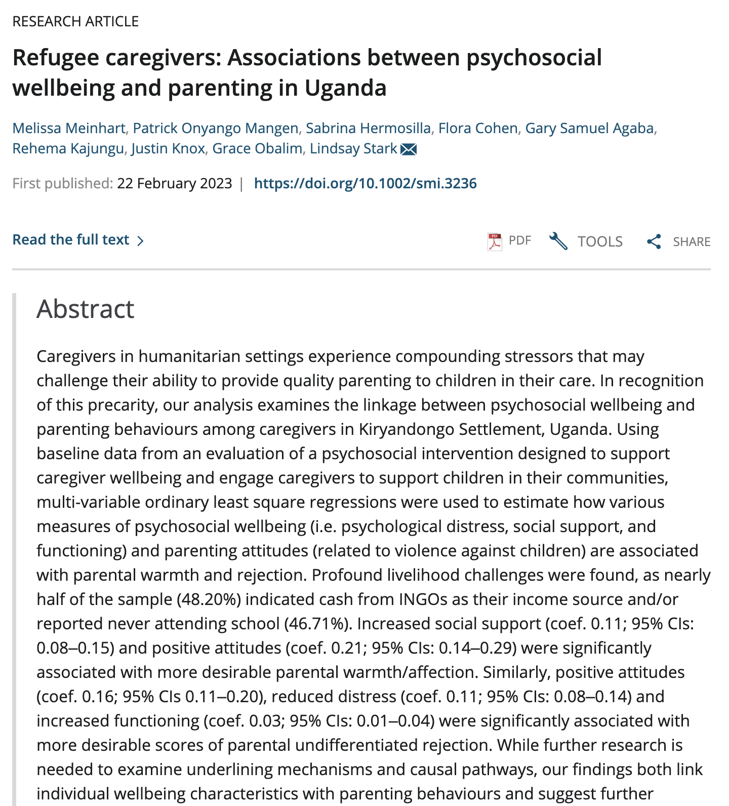 Refugee caregivers: Associations between psychosocial wellbeing and parenting in Uganda