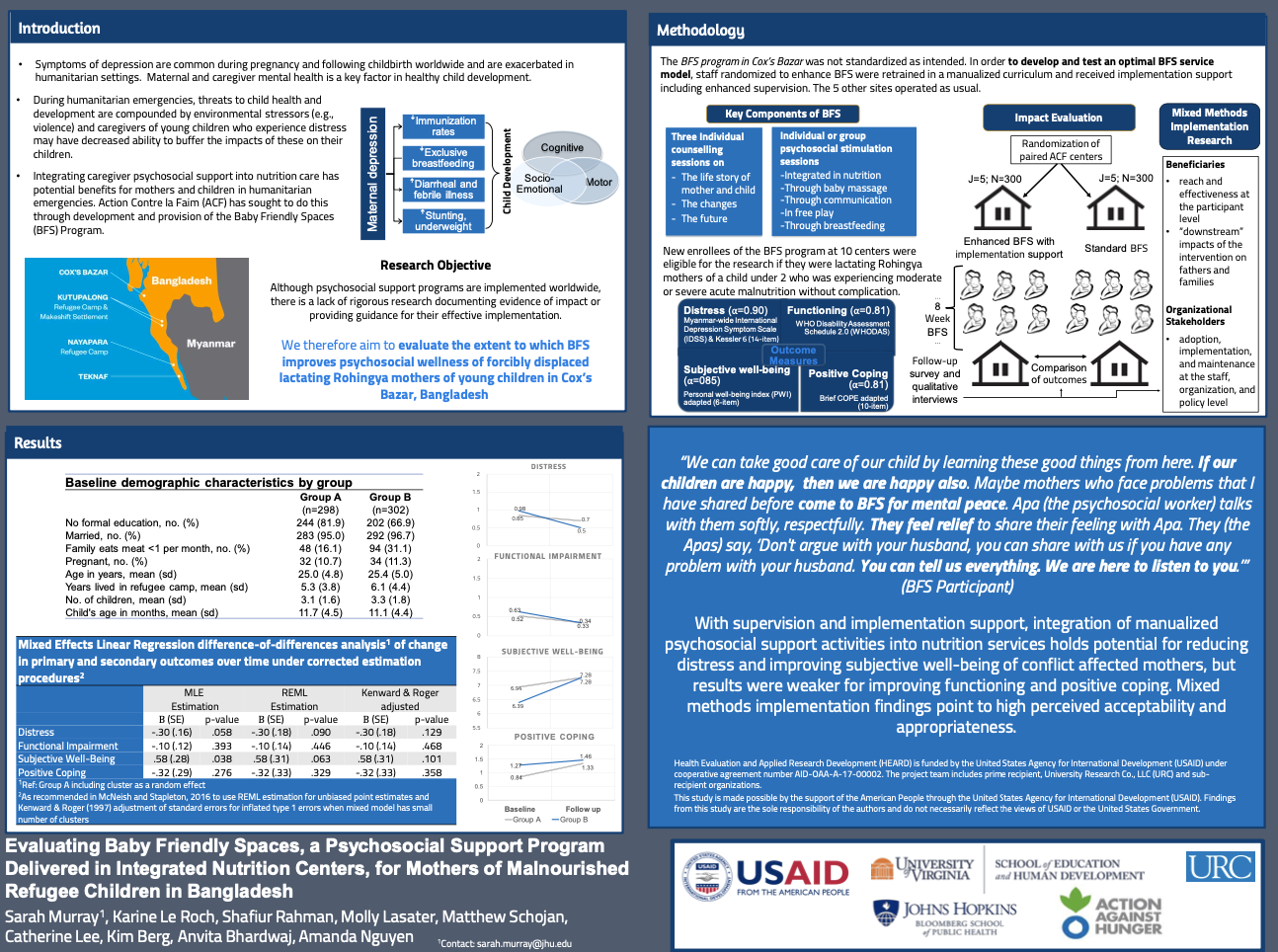 Evaluating Baby Friendly Spaces, a Psychosocial Support Program Delivered in Integrated Nutrition Centers, for Mothers of Malnourished Refugee Children in Bangladesh poster